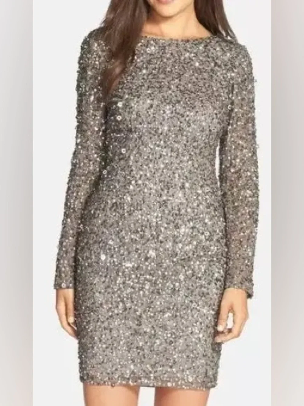 Adrianna Papell Gunmetal Beaded Cocktail Dress Open Back Long Sleeve Size 4 - Picture 1 of 5